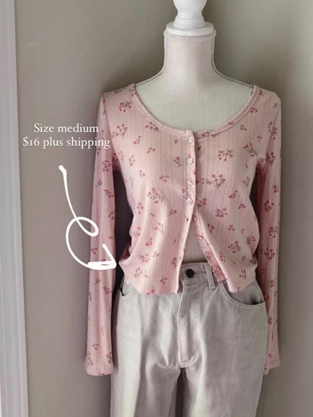 Pink Rose Light Pink Floral Ribbed Button-Front Long Sleeve Top